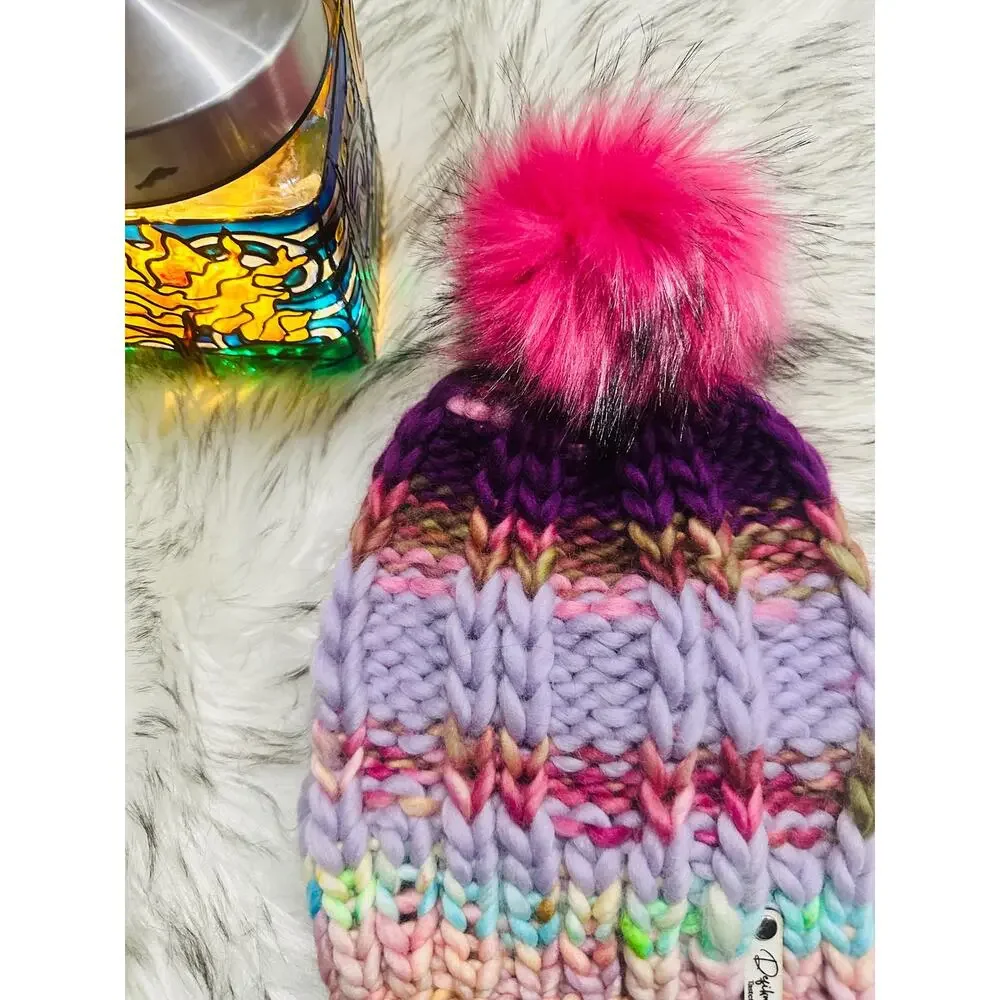 Handmade Neon Merino Wool Beanie: Colorful Winter Hat with Faux Fur Pom